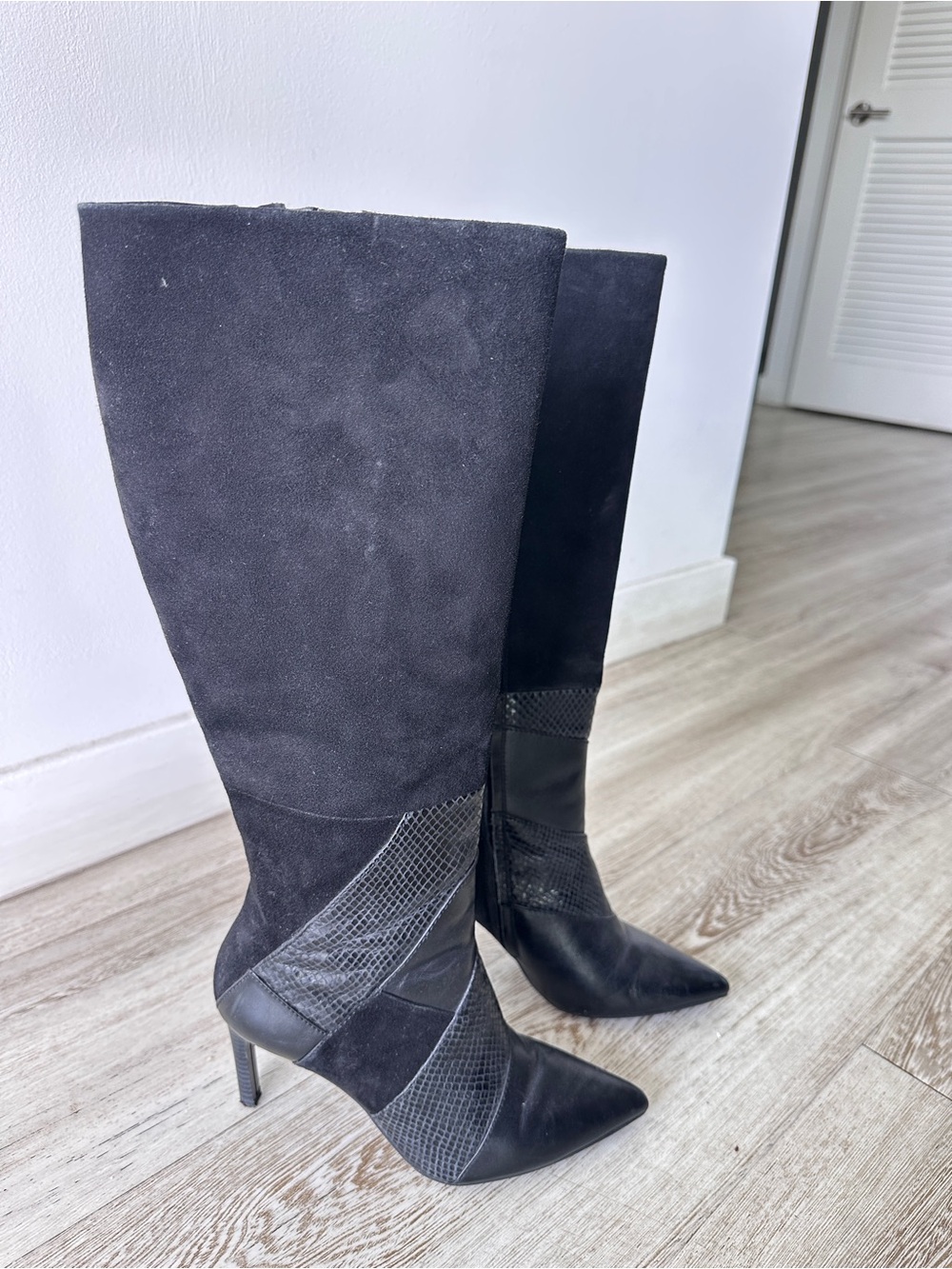 Geox Black Leather Suede Snakeskin Patchwork Knee High Boots EU 35